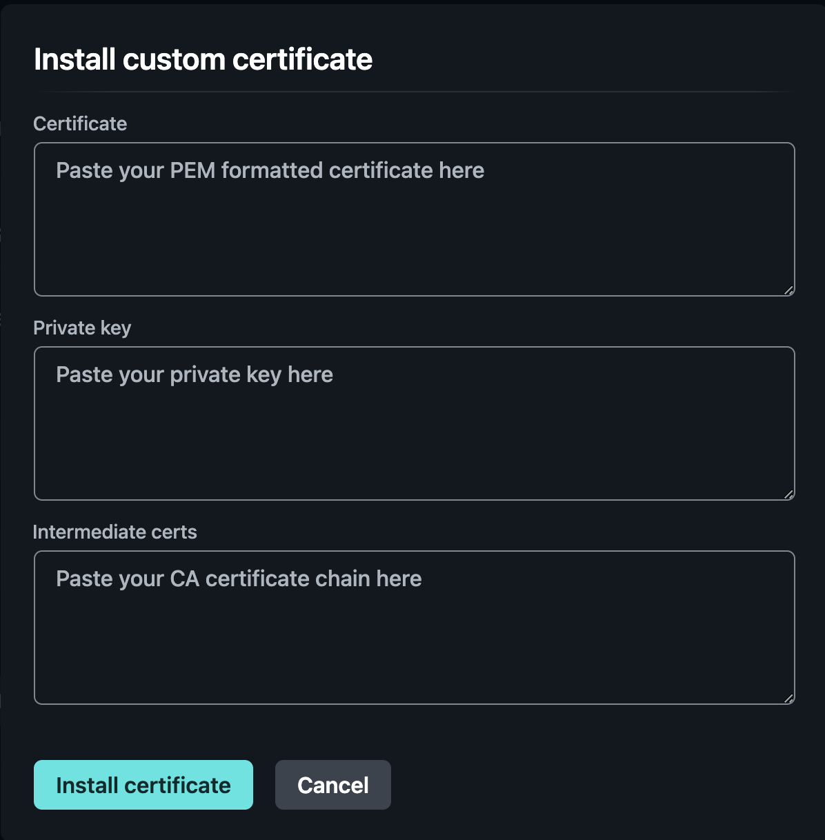 Netlify - Install Custom Certificate dialog